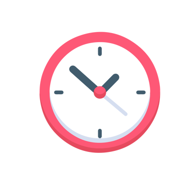 A round pink wall clock icon with a black face and white hands showing time.