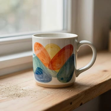 Warm editorial photography of a ceramic mug with a vibrant artistic sublimation print, soft natural workshop window light, tactile wood and sand tones, 35mm