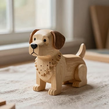 Warm editorial photography of a custom 3D printed dog sculpture painted realistically, resting on a neutral linen surface, soft natural workshop window light, shallow depth of field, 35mm