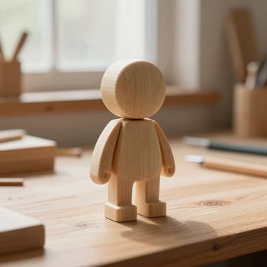 Warm editorial photography of a detailed 3D printed character figure on a wooden desk, soft natural workshop window light, tactile wood and sand tones, shallow depth of field, 35mm