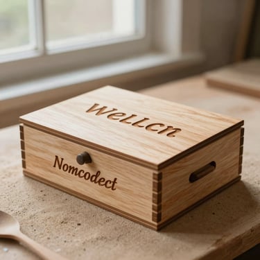 Warm editorial photography of a beautifully engraved wooden gift box with personalized names, soft natural workshop window light, tactile wood and sand tones, 35mm
