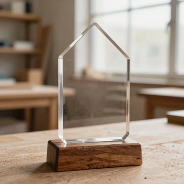 Warm editorial photography of an elegant custom trophy combining clear acrylic and a solid oak wood base, soft natural workshop window light, shallow depth of field, 35mm
