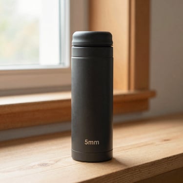 Warm editorial photography of a sleek matte black insulated thermos with clean laser-engraved name, soft natural workshop window light, tactile wood tones, 35mm