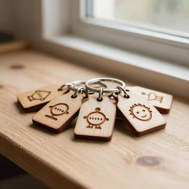Warm editorial photography of a set of custom laser-cut wooden keychains with engraved icons, soft natural workshop window light, tactile wood and sand tones, 35mm