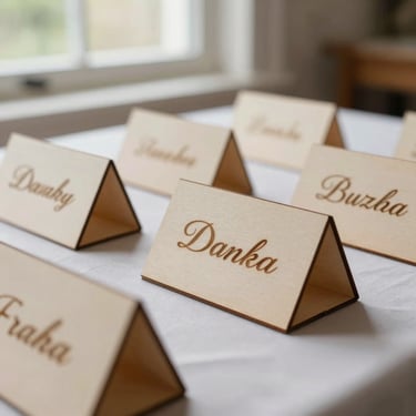 Warm editorial photography of elegant laser-cut wooden wedding place cards on a beautifully set dinner table, soft natural workshop window light, shallow depth of field, 35mm