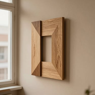 Warm editorial photography of a minimalist geometric wooden wall art piece hanging on a warm beige wall, soft natural workshop window light, shallow depth of field, 35mm