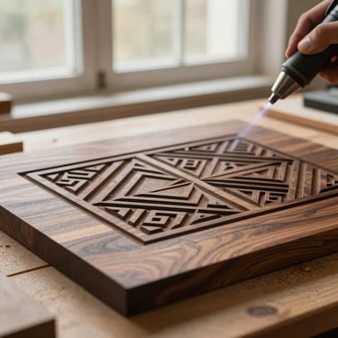 Warm editorial photography of a laser beam engraving a complex geometric pattern onto a dark walnut wood sheet, soft natural workshop window light, 35mm