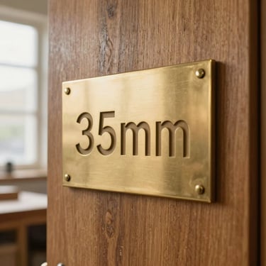 Warm editorial photography of a professional brass door plaque with clean engraved typography, soft natural workshop window light, tactile wood tones, shallow depth of field, 35mm