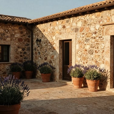 A quiet courtyard in a restored stone villa, terracotta pots with lavender, warm afternoon sun casting long shadows.