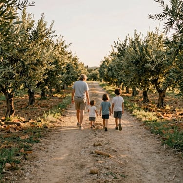 A family walking along a quiet dusty path in a Tuscan olive orchard, soft golden hour light, candid moment.