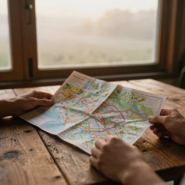 Hands holding a physical topographic map over a rustic wooden table, soft morning mist through a window, warm earth tones.