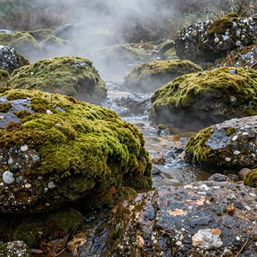 Mist rising from natural hot springs in Ourense, surrounded by lush green moss and wet granite rocks, soft daylight