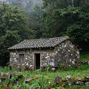A rustic stone retreat tucked away in a deep green forest of Galicia, soft mist hanging low between the trees