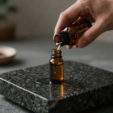Detail of hands pouring warm essential oils onto dark granite stone, soft diffused side light.