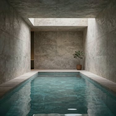 Minimalist modern spa interior with soft light reflecting off a still water pool, concrete walls.