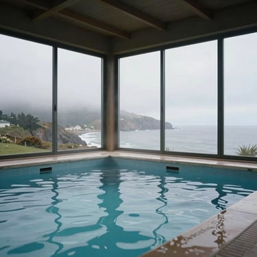 A quiet indoor thermal pool with large glass windows looking out to the misty Rías Baixas coastline, soft overcast sky