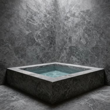 Minimalist indoor spa with a single stone bath, soft light reflecting on still water, architectural detail, slate grey tones, square crop