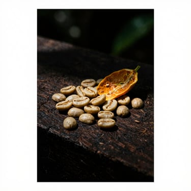 Bali Kintamani coffee beans, light roast, citrus peel accents, soft shadows.