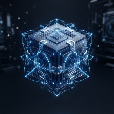 Premium 3D render of a glassmorphic technology core, a floating dark navy cube with glowing blue connection lines and structural nodes, clean studio lighting, enterprise engineering style