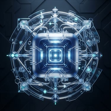 Precise 3D render of a glassmorphic technology core, floating navy rounded cube with silver connections, cool studio lighting with subtle blue reflections on glass surfaces