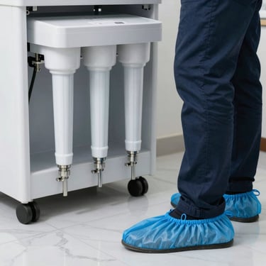 Close-up of a professional technician wearing clean blue shoe covers standing on a spotless white marble floor next to a modern water softener installation.