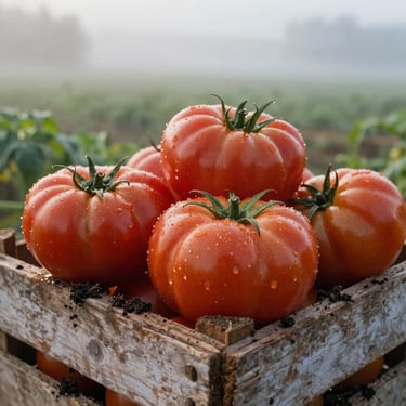 Macro shot of wet soil clinging to freshly harvested heirloom tomatoes in a weathered wooden crate, soft diffused morning light, misty farm field background.
