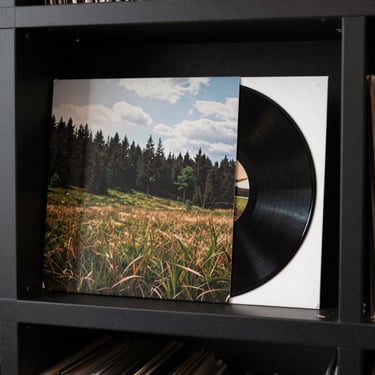 Vinyl record sleeve and limited edition print resting on a black metal shelf, high-contrast studio setting