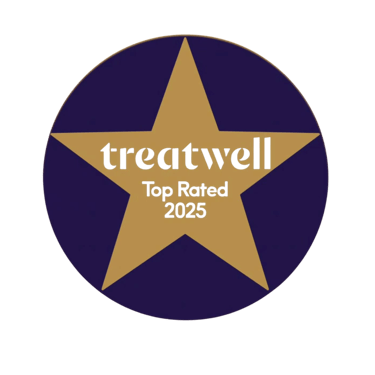 Treatwell Top Rated 2025 award logo featuring a gold star on a purple circular badge.