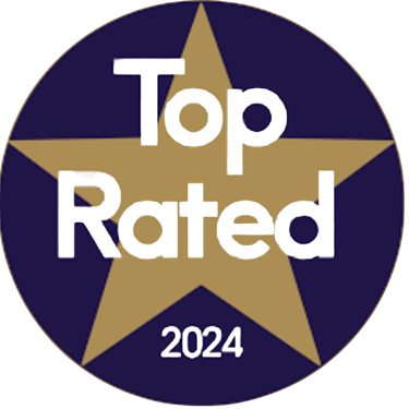 A Top Rated 2024 gold star emblem on a navy blue circular background for award recognition.