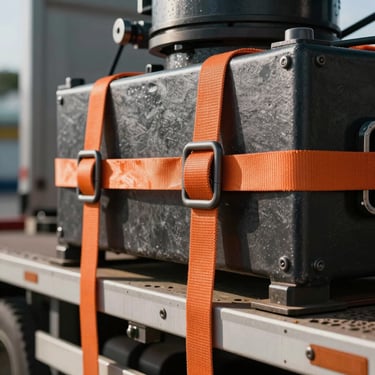Macro shot of heavy-duty orange tie-down straps securing industrial machinery on a flatbed trailer, high-contrast midday sun, metallic textures.