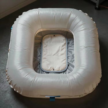 An inflatable protective collar and soft post-surgical recovery vest laid out neatly.