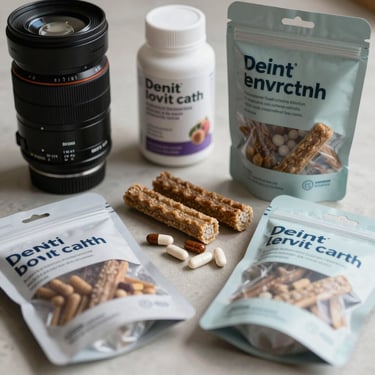 A selection of joint supplements and dental health chews in clean packaging on a light surface.