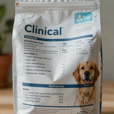 A close-up of a clinical prescription diet bag for dogs, showing clear nutritional labels, bright natural lighting.