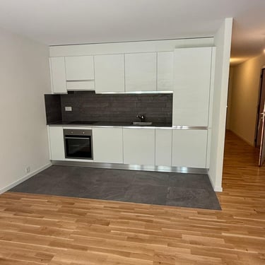 Cuisine linéaire blanche, plan de travail foncé, crédence en briques sombres et four encastré.