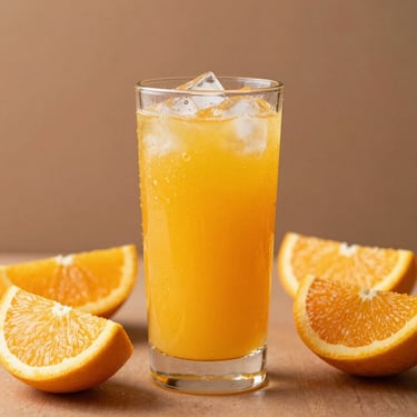Tall glass of vibrant orange fresh-pressed juice with ice cubes, condensation on the glass, fresh orange slices nearby