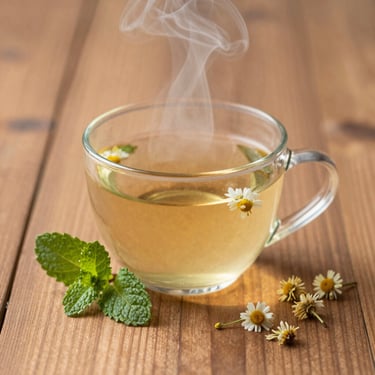 Steaming herbal tea in a clear glass cup, fresh mint leaves and chamomile flowers scattered on a wooden table
