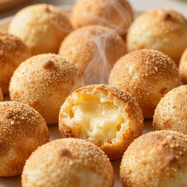 Close-up of golden, crispy pão de queijo showing soft cheese texture inside, warm steam rising
