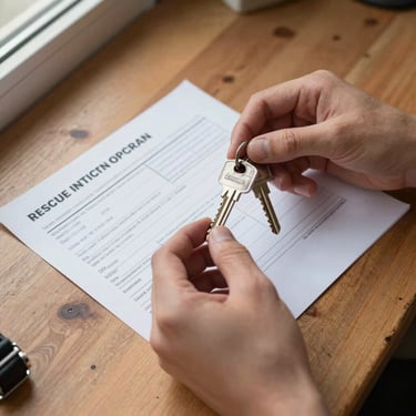 Overhead close-up of a pair of hands holding a set of house keys and a folded rescue intake form on a worn wooden desk, natural window light from the left, a dog collar visible at the edge of the frame