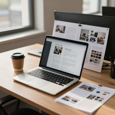 Wide shot of an agency workspace desk with a laptop open showing a content draft, printed mood board sheets pinned beside it, a coffee cup to one side, warm natural daylight from a window left of frame