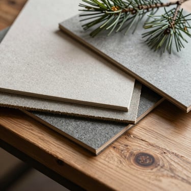 A close-up of a designer's desk with rough-sawn timber, heavy textured paper samples, and a pine branch.