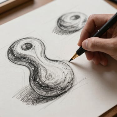 A designer sketching organic shapes with charcoal on heavy cotton paper, dramatic shadows.