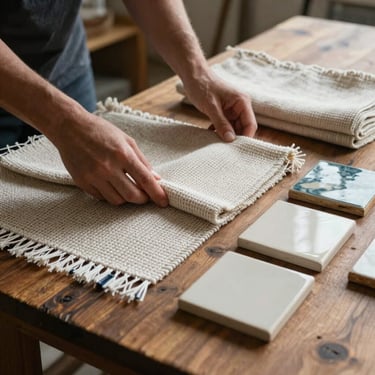 Hands arranging hand-woven textiles and ceramic tiles on a rustic wooden table, natural side light.