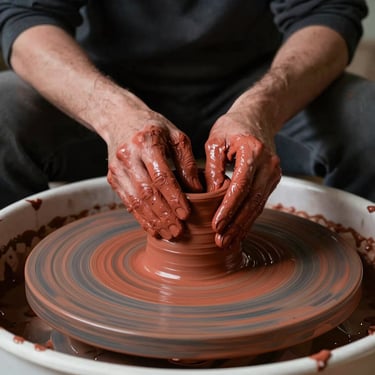 Hands working wet red clay on a pottery wheel, earthy terracotta textures, dramatic side lighting, dark moody background.