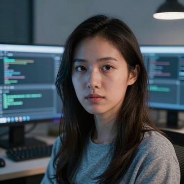 Close-up portrait of a female frontend engineer in a screen-lit room, cool blue-toned highlights, professional tech environment.