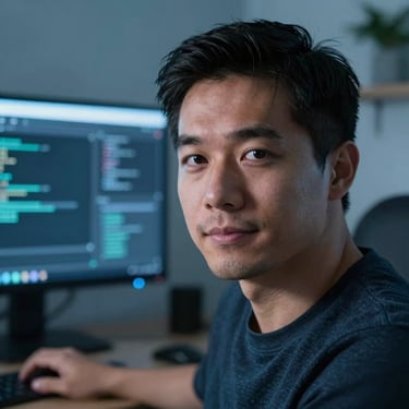 Close-up portrait of a male software architect in a screen-lit room, cool blue-toned highlights, professional tech environment.