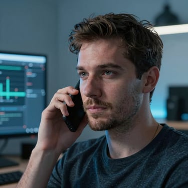 Close-up portrait of a male mobile developer in a screen-lit room, cool blue-toned highlights, professional tech environment.
