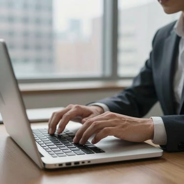 Close-up of hands typing on a secure laptop in a bright, modern remote office in New York City, soft natural window light, professional atmosphere.