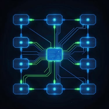 Abstract system architecture diagram on a dark background, glowing electric-blue nodes and terminal-green data flow paths, high-fidelity vector styling.