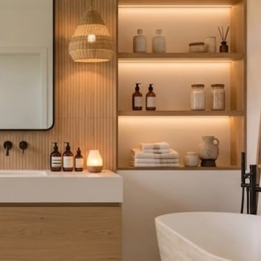 Interno bagno in stile naturale con pannelli materici in legno, rubinetteria nera moderna, ispirazione spa per casa