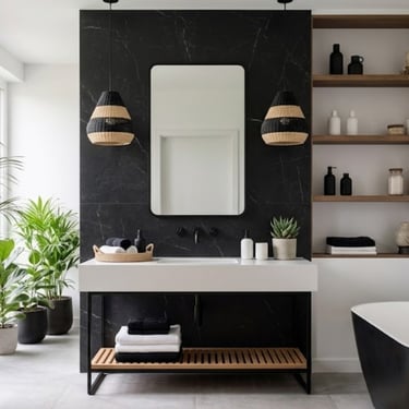 Bagno contemporaneo con vasca freestanding, mobile lavabo sospeso e dettagli in legno naturale